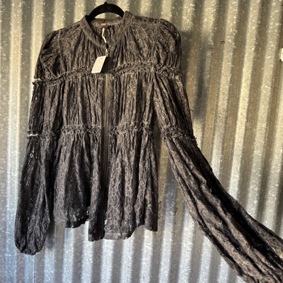 NWT Free People Grey Floral Lace Peplum Zip Up Jacket Puff Sleeve Boho Small NEW - Picture 7 of 15